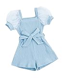 Girls Casual Rompers Square Neck Mesh Short Sleeve Knitted Shorts Jumpsuit With Belt
