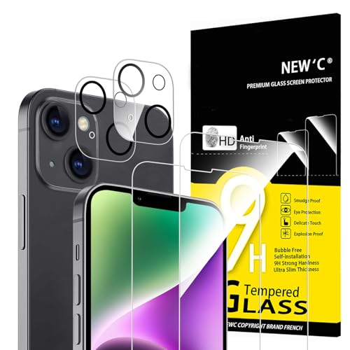 Image of NEW'C 4 Pack, 2 Pack for iPhone 14 Screen Protector (6.1 inch) + 2 Pack Camera Lens Protector, Sensor Protection,Case Friendly Tempered Glass Film