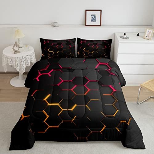 Manfei Honeycomb Comforter Set Full Size Geometric Hexagon Bedding Set 3pcs for Kids Boys Teens Room Decor Yellow Red Neon Lights Duvet Insert Modern Fashion Luxury Down Comforter with 2 Pillowcases