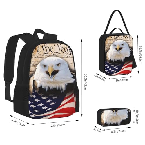 nanger Patriotic Bald Eagle With American Flag Print 3-Piece Set Backpack, Lunch Bag And Pencil Case, For Travel, College, And Daily Use4
