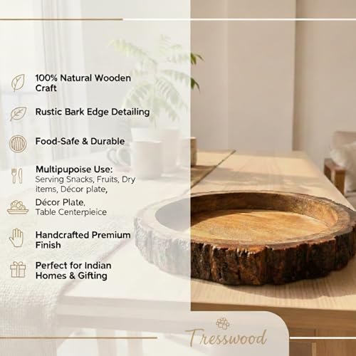 Image of Rustic Wooden Buckle Tray for Serving - 10 inch Round Wood Bark Edge Platter for Snacks, Fruits, Tea & Coffee | Food‑Safe Decorative Centerpiece for Dining & Coffee Table, Indian Homes & Gifting