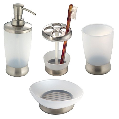 mDesign Bath Accessory Set, Soap Dispenser Pump, Toothbrush Holder, Tumbler, Soap Dish - 4 Pieces, Frost/Brushed Stainless