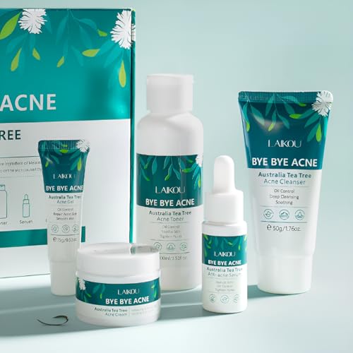 LAIKOU Árbol de Té Set de Cuidado de la Piel, 5 PiezasSkincare Kit Facial Adolescentes, Limpiador Tónico Suero Gel Crema Eficaz para Eliminar el Acné Facial, para Adolescentes y Mujeres Masculino