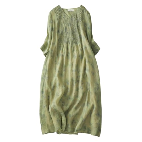 Robe manches 3/4 col en V imprimée coton lin saison légère