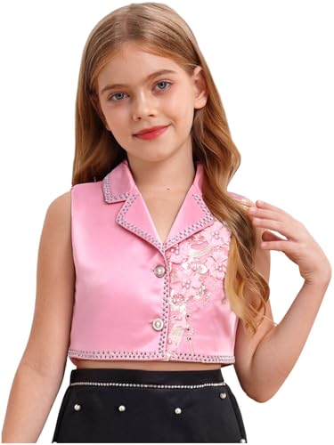 JEYPINMI Kids Formal Suit Vest Crop Tops Flower Embroidery Button Down Waistcoat Outerwear Jacket Dress Coat