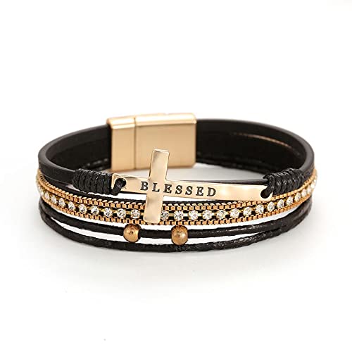 Bohemian Faux Leather Wrap Multi Layer Statement Bracelet Cross Christian Religious Leatherette Cuff Crystal Rhinestone Metallic Bead Inspirational Bracelets4