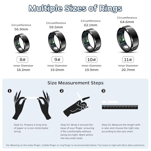 Smart Ring Health Tracker, Sleep Tracker Ring with Heart Rate, Waterproof Fitness Ring for Activity Monitoring/Steps/Distance/Calories, Air Gestures, Up to 7-Day Battery, for iOS Android (Black,#11) - Image 3