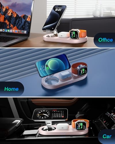 Image of Upgraded 3 in 1 Wireless Charging Station for Apple Devices, Faster Mag-Safe Charger Stand, Magnetic Charger Station for iPhone 16 /15 /14 /13 /12 Series & AirPods Pro & Apple Watch Series (Pink)