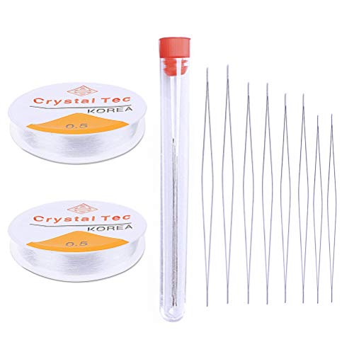pengxiaomei 11 pcs Beading Needle Set, 9 pcs Long Straight Beading Needle Big Eye Beading Needles with Storage Tube, Fishing Wire,Threader and Thimble for Jewelry Making