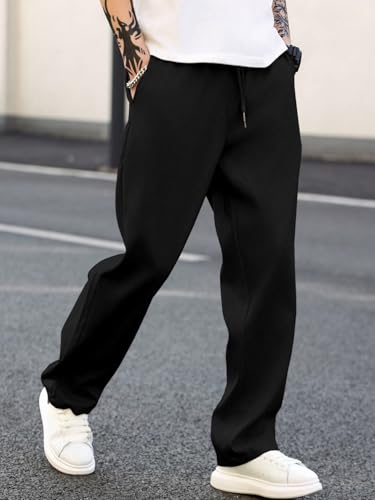 Image of MULAVRI Solid Drawstring Relexed Fit Modern Straight Leg Pants for Men's