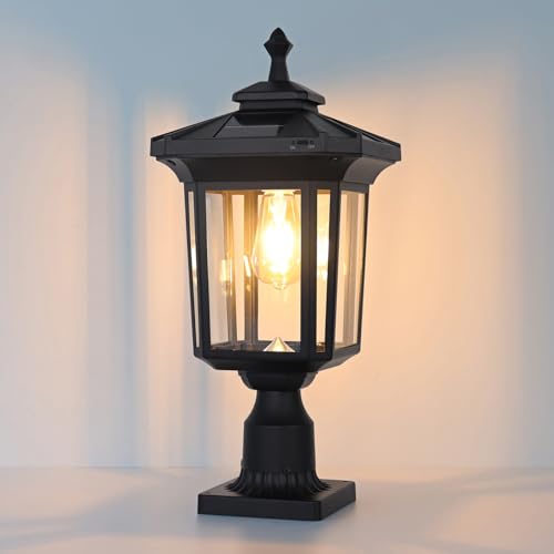 Kemeco Solar Post Light Outdoor, ST4346Q Dusk to Dawn Solar Lamp Post Light with Pier Mount Base Bright Sandy Colored Bulb, Waterproof Aluminum Fence Pole Lights for Gates Yard Path Garden