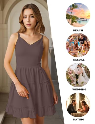 Image of FANCYINN Women Floral Casual Tiered Mini Dresses Spaghetti Strap V Neck Backless A Line Swing Short Dress with Pockets