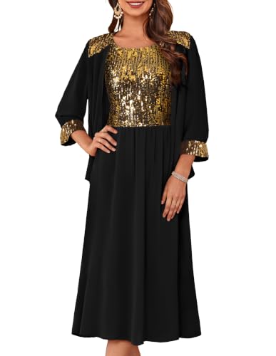 Image of GRACE KARIN Formal Wedding Guest Dress Sequin Mother of The Bride Dresses | Two Piece,3 /4 Sleeve,Tea Length,Crew Neck,Fit and Flare,Chiffon,Suitable for Spring /Summer /Fall /Winter /Cocktail /Party /Prom
