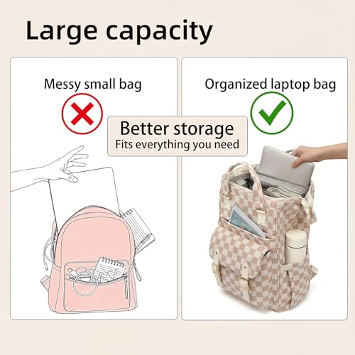 Image of Corduroy Laptop Backpack for Women 15.6 Inch Stylish College School Bookbag, Business Work & Travel Computer Backpacks (Checkered Brown)