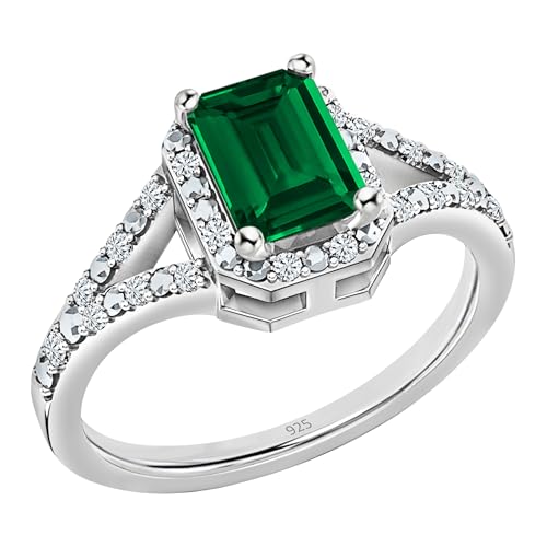 Dazzlingrock Collection 7x5mm Emerald Cut Lab Created Emerald & Round White Diamond Halo Split Shank Engagement Ring for Women in 925 Sterling Silver