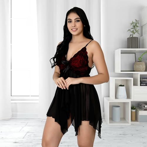 Image of Fihana Babydoll Lace Nighty for Women | Sensual Elegance with Adjustable Straps and V-Neck Design, Size-XXXL. Black