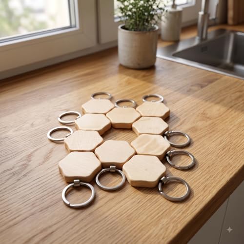Image of Empty Wooden Keychains, Laser Engravable, Printable & Writable, Pack of 10 Assorted Shapes, 5cm x 3cm