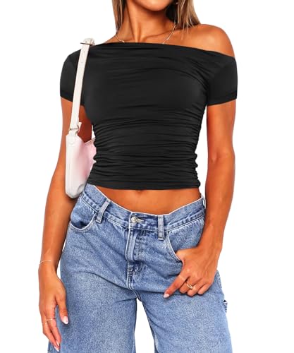 Navneet Women Sexy Off Shoulder Tops Y2k Going Out Crop Top Slim Fit Bardot Tops Basic Tops Blouse Tee A1 Black off shoulder crop top M