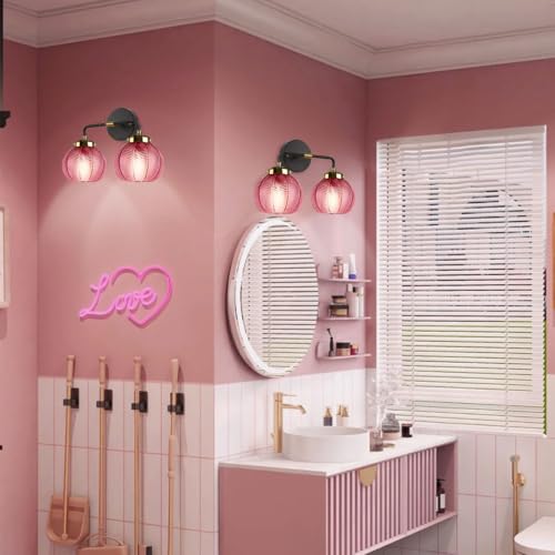Image of Bathroom Lighting fixtures Modern Vanity Lights Red Ribbed Glass Shade 2-Lights Over Mirror Wall Sconce Vintage Gold Bathroom Light fixtures Black Wall Mount Light Farmhouse Sconces