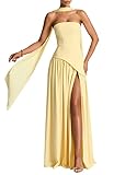 PUXIU Yellow Satin Strapless Bridesmaid Scarf Dresses for Wedding Halter Prom Dress for Women 2025 Ruched Long Formal Gown with Scarf 0