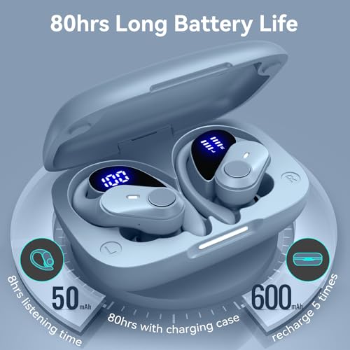 Image of Active Noise Cancelling Ear Buds Wireless Earbuds 80H Playtime Bluetooth Headphones with LED Display Case, Hi-Res Audio Clear Calls Earphones with Over Ear Hooks for Running Gym Workout Sierra Blue