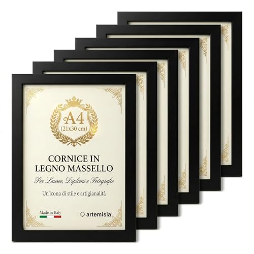 Set 6 Cornici A4 21x30 in Legno Massello, Cornici da Parete e Tavolo per Laurea Diplomi e Foto, Cornice A4 Legno con Vetro Acrilico, Cavalletto e Gancio, Made in Italy