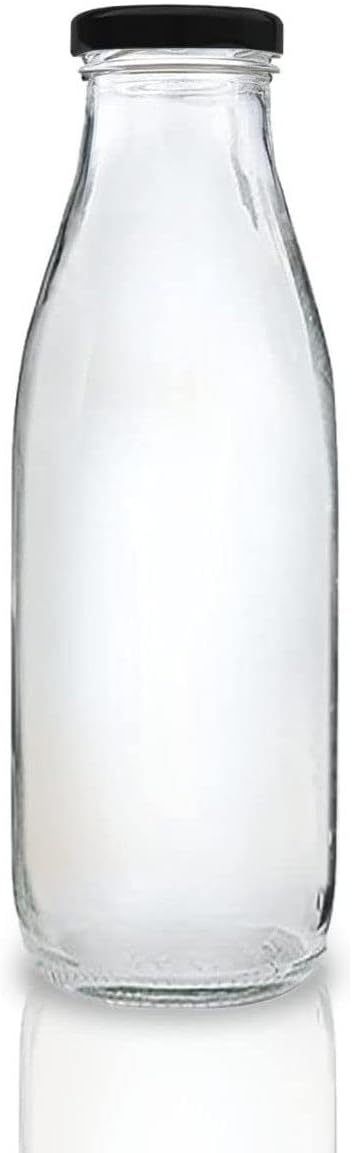 Piramal GlassFood Grade 500 ML Round Glass Milk Bottles Black Lug Cap - Pack of 4