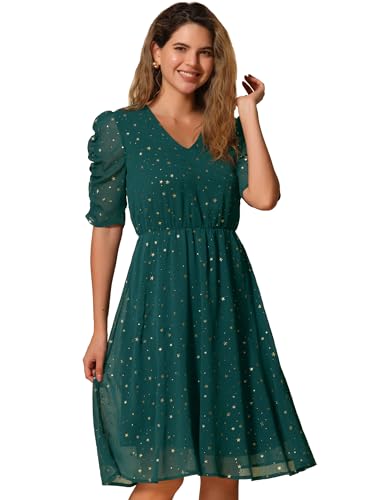 Image of Allegra K Chiffon Dress for Women's Metallic Stars Ruched Sleeve V Neck A-line Dress