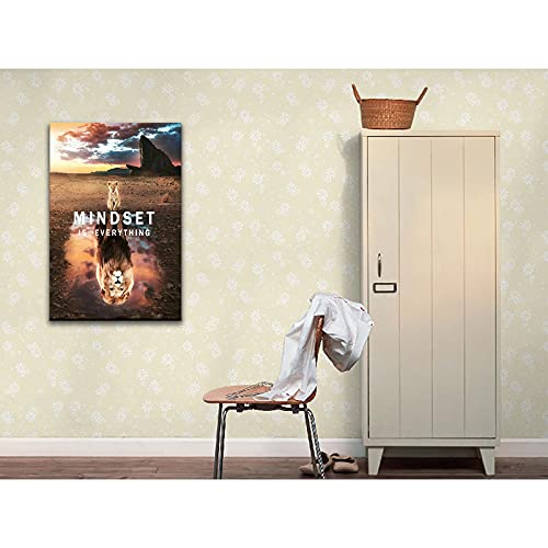 Inspirational Canvas Painting Small Cat And Big Lions Mindset Is Everything Wall Art Cute Animal Poster Prints Wall Pictures For Living Room Home Decor Office Framed Ready To Hang [12''W X 18''H] #TOP2