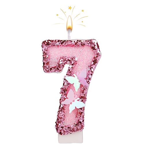 2.7 Inch Birthday Number Candles, Pink Number Candles Cake Topper Butterfly Birthday Candles with Sequins Glitter for Anniversary Celebrations Supplies (Number 7)