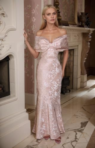 Jacquard Satin Mermaid Prom Dress Off Shoulder Bodycon Formal Evening Dress with Big Bow ZD2583