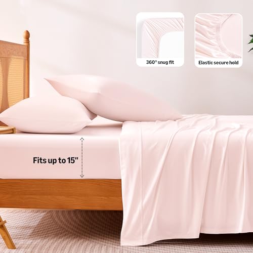 Image of Amazon Basics Cooling Sheets, 4-Piece Bed Sheet Set for Summer, Soft and Breathable for Hot Sleepers, Bedding with 1 Deep Pocket Fitted Sheet, 1 Flat Sheet, and 2 Pillowcases, Full, Pink