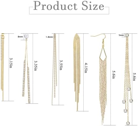 Diamday Long Tassel Dangle Drop Earrings for Women Girls, 6Pairs Silver/Gold Sleek Metal Chain Crystal Pearl Rhinestone Earrings Wedding Prom Jewelry Gift