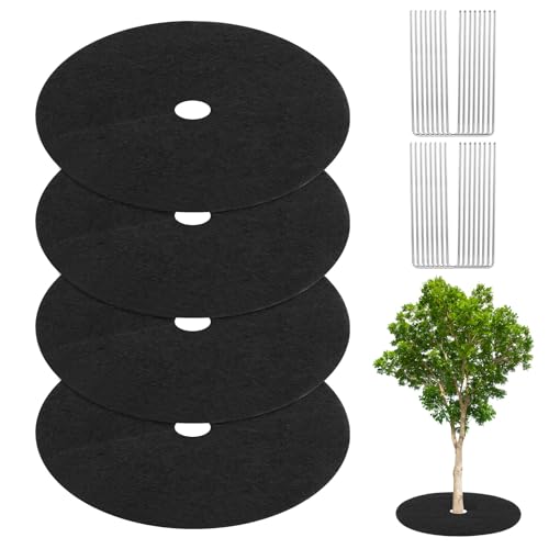 M METERXITY 4-Pack Non-Woven Tree Mulch Ring, 24.4 Inch Reusable Tree Protector Mat W 16 Garden Stakes for Landscape Control Plant Root Protection Tree Ring Weed Fabric Cover [Black]