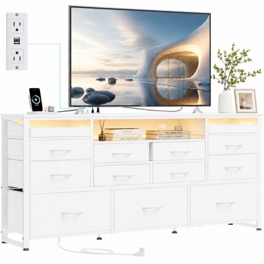 Image of WLIVE LED Dresser TV Stand for 65 Inch TV, 13 Drawers, White