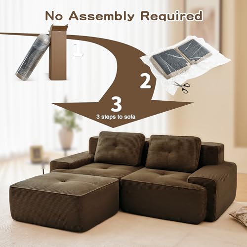 Image of 82 inch L Shaped Modular Boneless Couch with Movable Ottoman, 2 Seat, Soft Corduroy Fabric, Deep Seat Cloud sectional Sofa with Pearl Like Piping and Tufted Design, No Assembly, Anti Slip, Brown