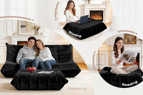 Image of Bean Bag Pouf Ottoman, Foot Stool, Foot Rest with Memory Foam Filled, Rectangle Ottoman for Living Room, Bedroom, Office (Black Plush)