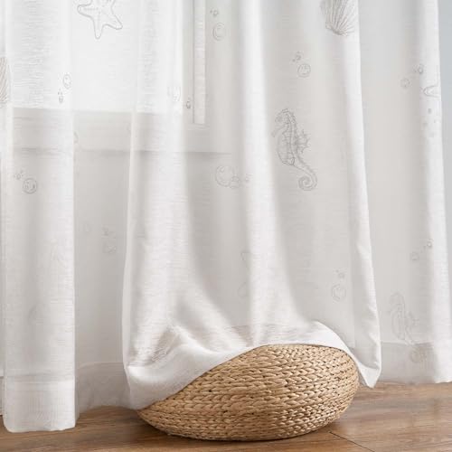 jinchan White Sheer Curtains for Living Room Bedroom Coastal Nursery Curtains 84 Inch Long Beach House Voile Transparent Seashell Seahorse Printed Window Treatments Set Rod Pocket 2 Panels - Image 7