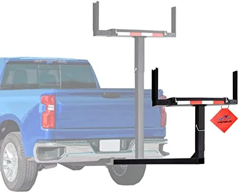 PENSUN Truck Bed Extender, 2 in 1 Design Foldable Pick Up Truck Bed Hitch Mount Extension Rack Canoe Boat Kayak Lumber, 800lbs Load Capacity, Black, with Red Flag and Reflective Tape
