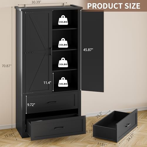Image of BORNOON Pantry Organizers and Storage Cabinet, 71 inch Barn Door White Kitchen Cabinet with Drawers and Adjustable Shelf, Tall Pantry for Kitchen, Dining Room, Living Room. Bathroom and Office