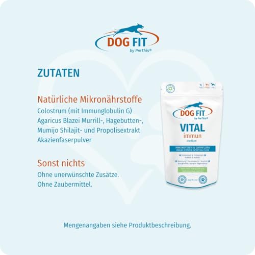 DOG FIT by PreThis® VITAL immun für Hunde I Mit Colostrum, Agaricus Blazei Murrill, Hagebuttenextrakt, Shilajit, Propolis I Ohne künstliche Zusätze I medium 10-25kg