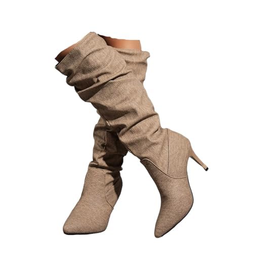 ZSpzx Women Knee High Boots Wide Calf Slouchy Ruched Cloth High Heels Pointed Toe Solid Long Tall Booties