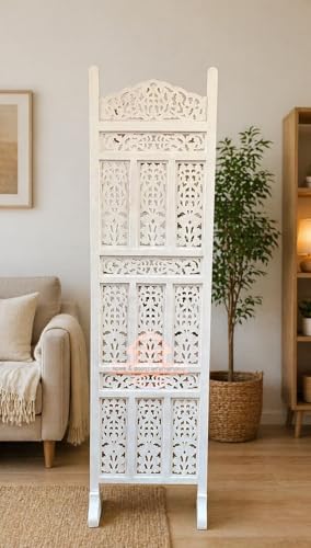 Image of Home & Goods International Wooden Room Divider Partition - Wood Screen Separator for Living Room, Bedroom, Office, Restaurant || Kangra Badrun Design, White (Single Panel)