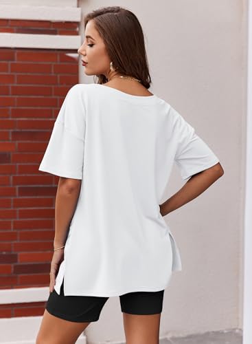 Image of Ekouaer Womens Pajamas 2 Piece Lounge Sets Oversized V Neck T-Shirts Tops Biker Shorts Set Workout Reversible Tracksuit White, XX-Large