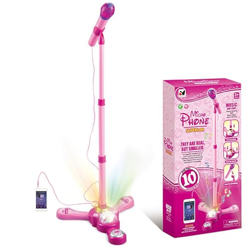 Kids Karaoke Machine with Adjustable Stand Pink Kids Microphones with Rotating Light Ball for Singing Along with Rotational Flashing Stage Lights and Pedals Gift for Girls and Boys