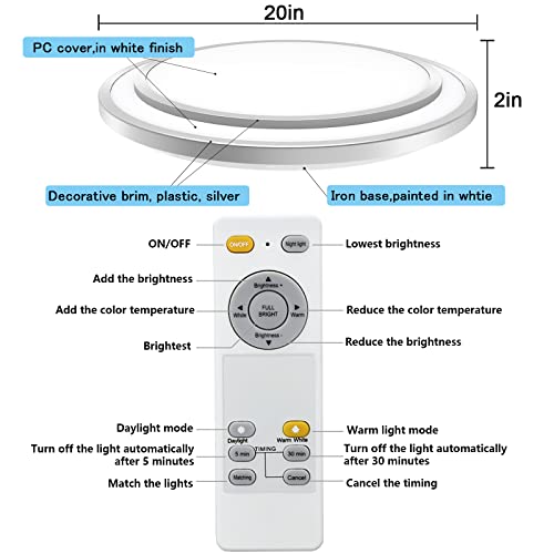 Dinglilighting WS-FPC3-48C Dllt 48W Dimmable Led Flush Mount Ceiling Light With Remote-20 Inch Close To Ceiling Lights Fixture For Bedroom/Living Room/Dining Room Lighting thumb #7
