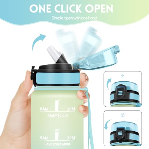 Mulbijeo Trinkflasche 1L, BPA-Frei, Wasserflasche Kohlensäure Geeignet, Wasserflasche Auslaufsicher, Trinkflasche mit Strohhalm, Zeitanreiz, Sportflasche für Laufen, Fahrrad, Fitness, Party