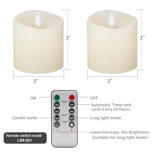 Image of 3x3 Flickering Flameless Candles Set of 2, 2AA Battery Life 600 Hours Battery Candles Flickering with Timer,3 inch Flameless Candles with Remote for Indoor /Outdoor, Ivory
