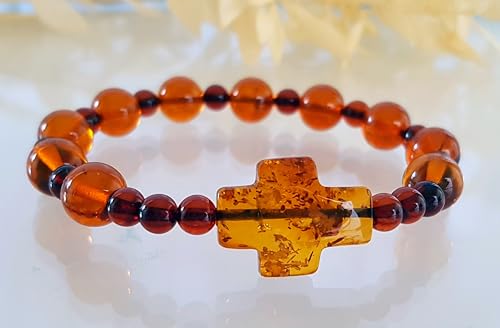 Religious Cross Stretch Rosary Amber Bracelet - Round Amber/Men Women Unisex Bracelet/Certified Baltic Amber, Medium2