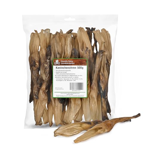 Kaureks Natur Hundeleckerlies, Kaninchenohren ohne Fell 500g, Hasenohren, fettarm, Kauartikel, Kausnack